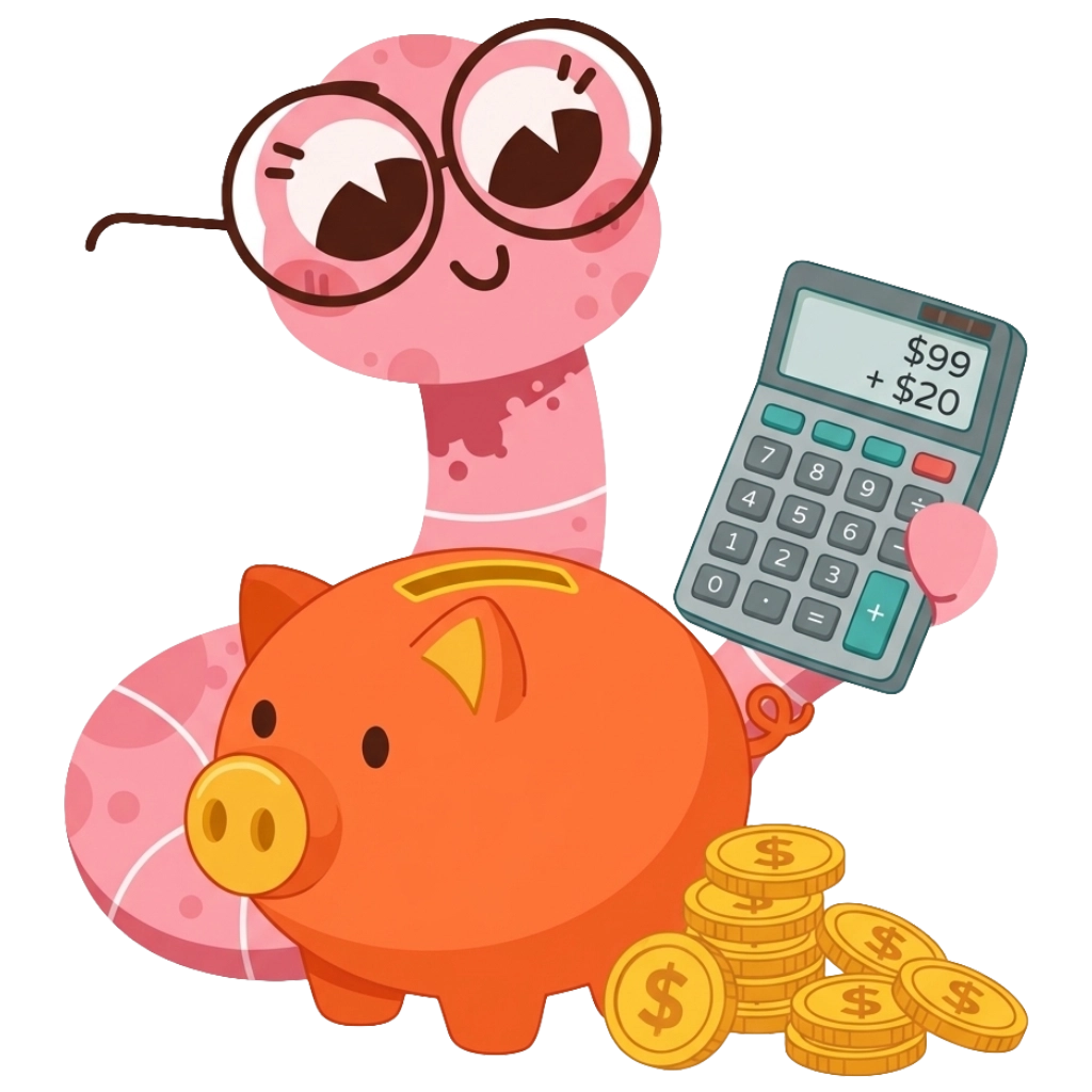 Mascot with a piggy bank, coins, and a calculator