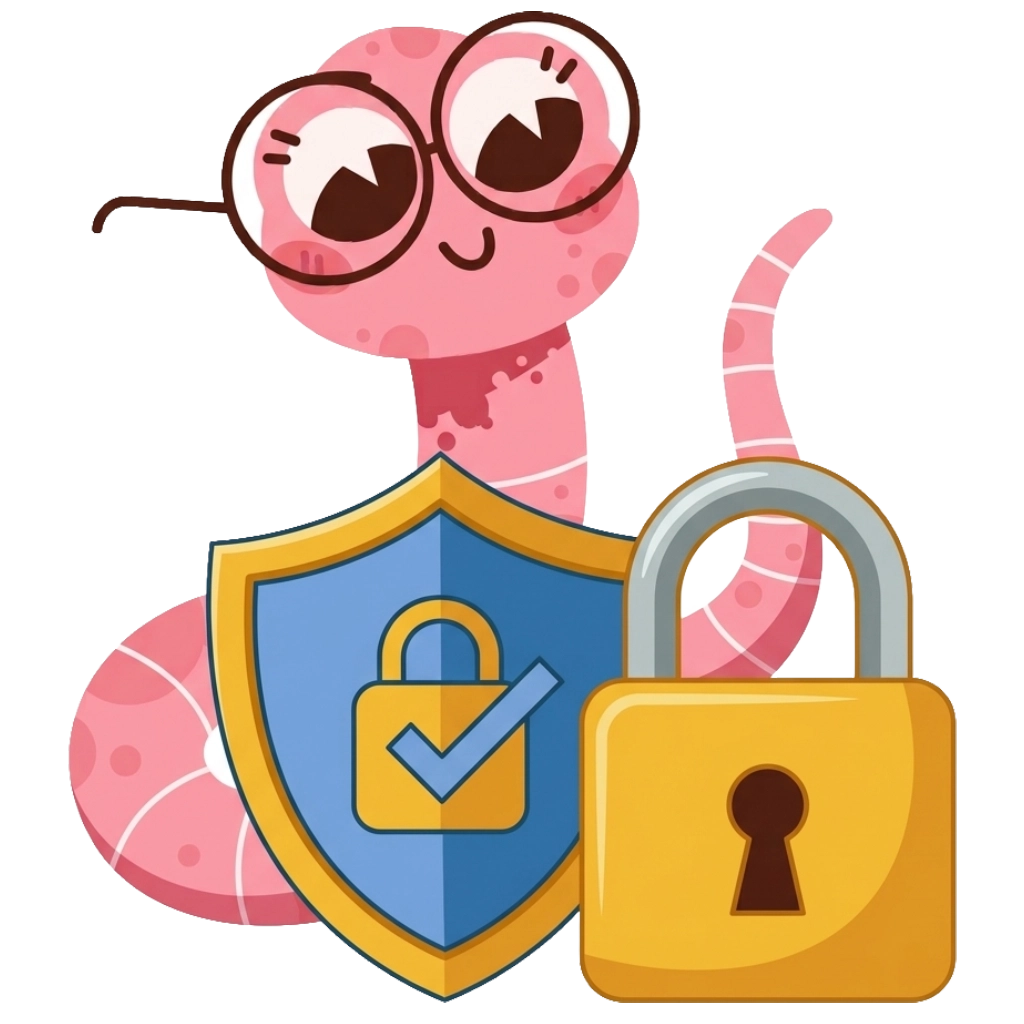 Mascot holding a security shield and padlock