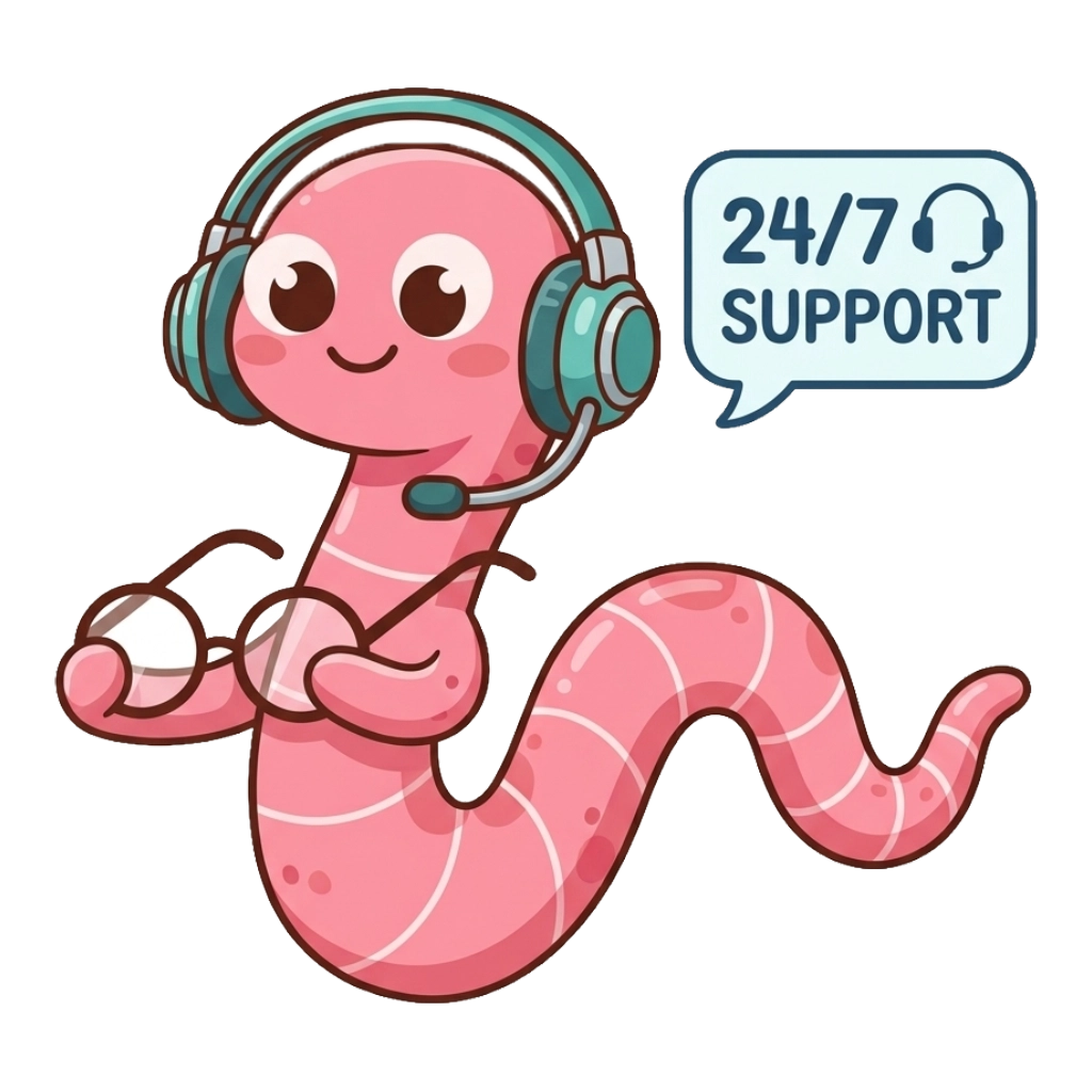 Mascot wearing a support headset with a 24/7 support speech bubble
