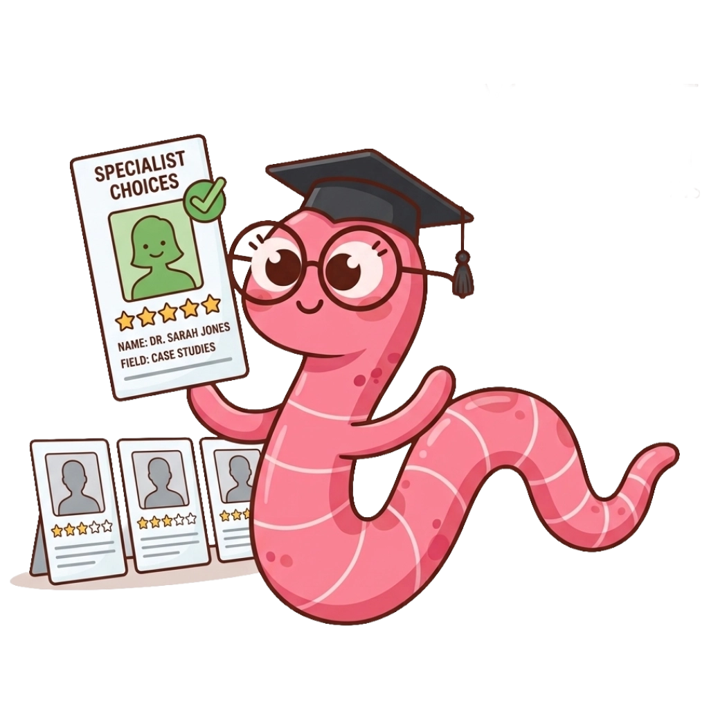 Mascot picking one writer profile card from a lineup