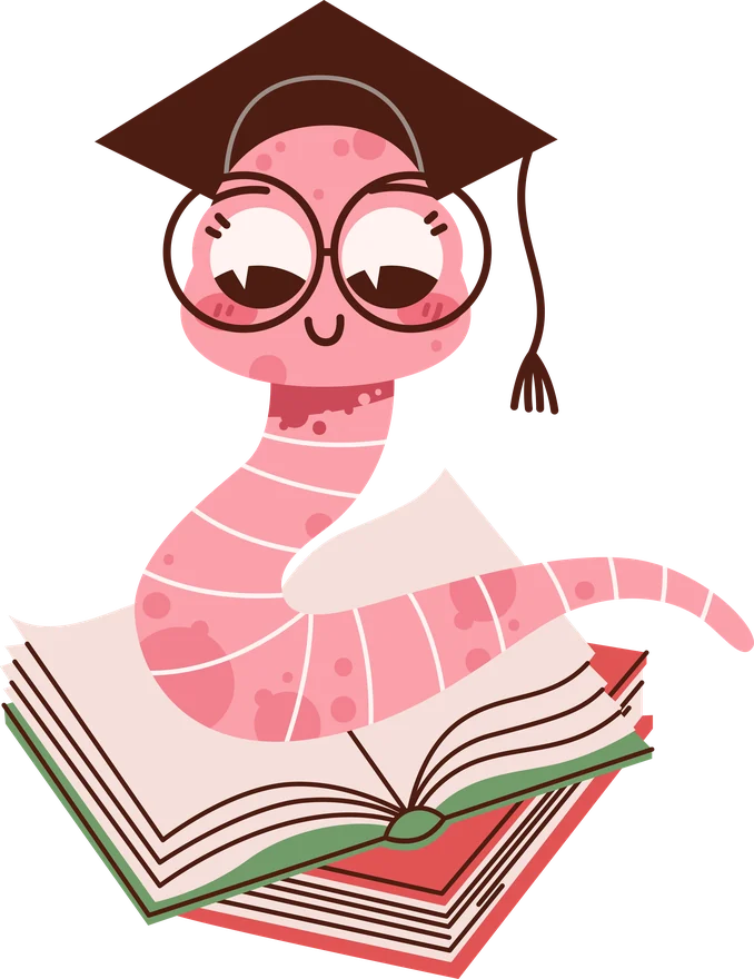 StudyWorms mascot in a graduation cap, reading an open book