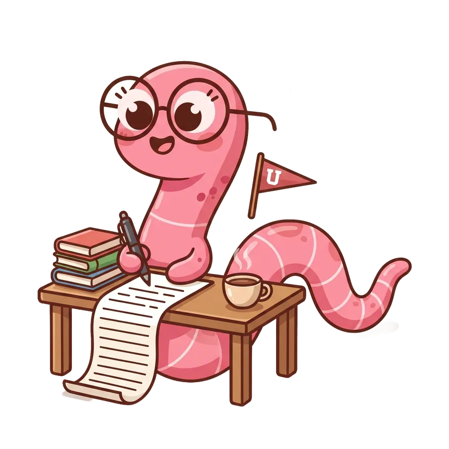 College essay writing service mascot writing an essay at a desk with books and a college pennant