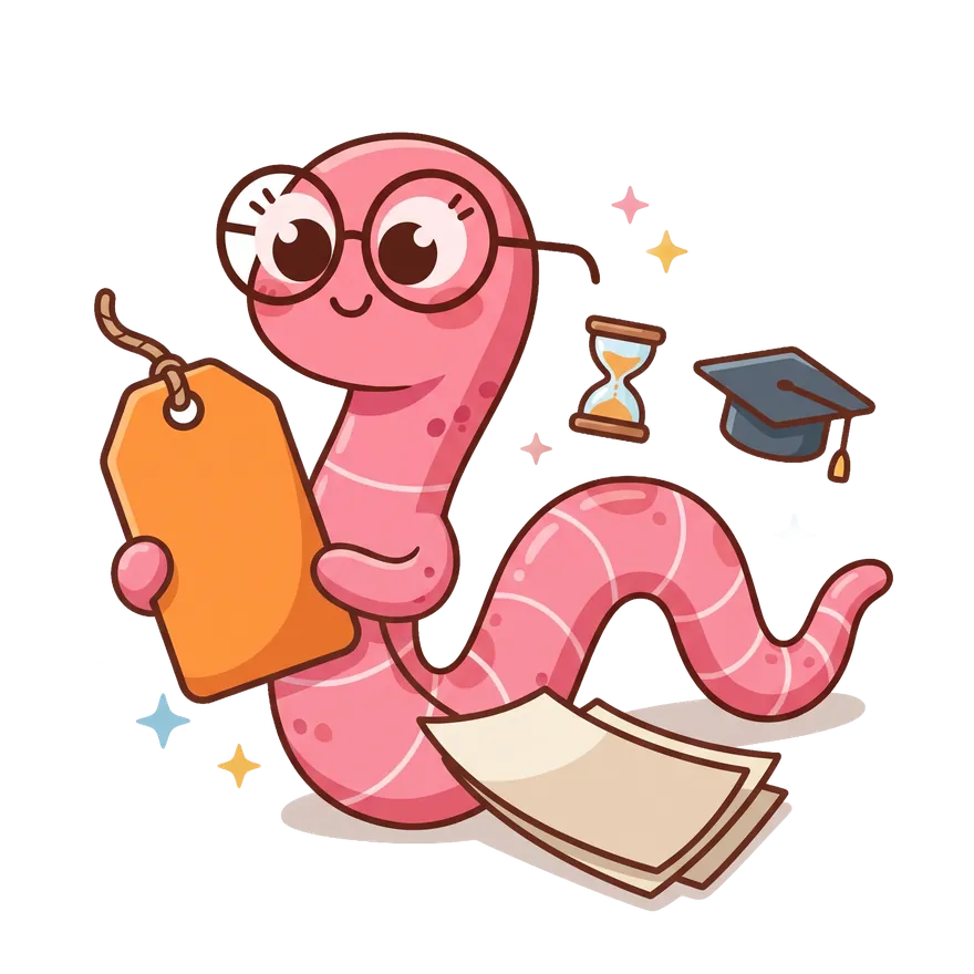 Study worm mascot holding a price tag next to an hourglass and a graduation cap
