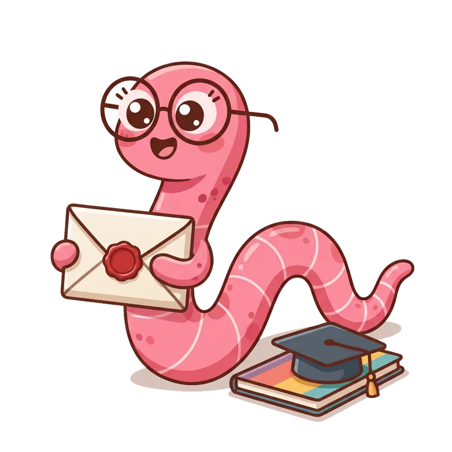 Study worm mascot holding a sealed college application envelope