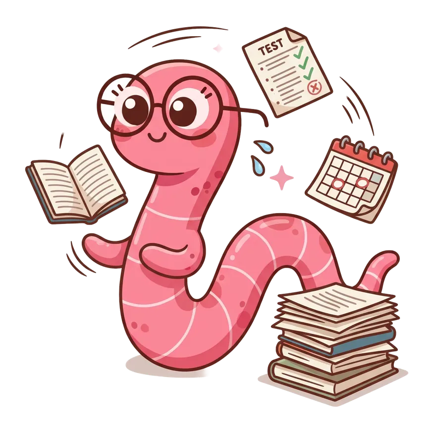 Study worm mascot juggling a notebook, a test and a calendar
