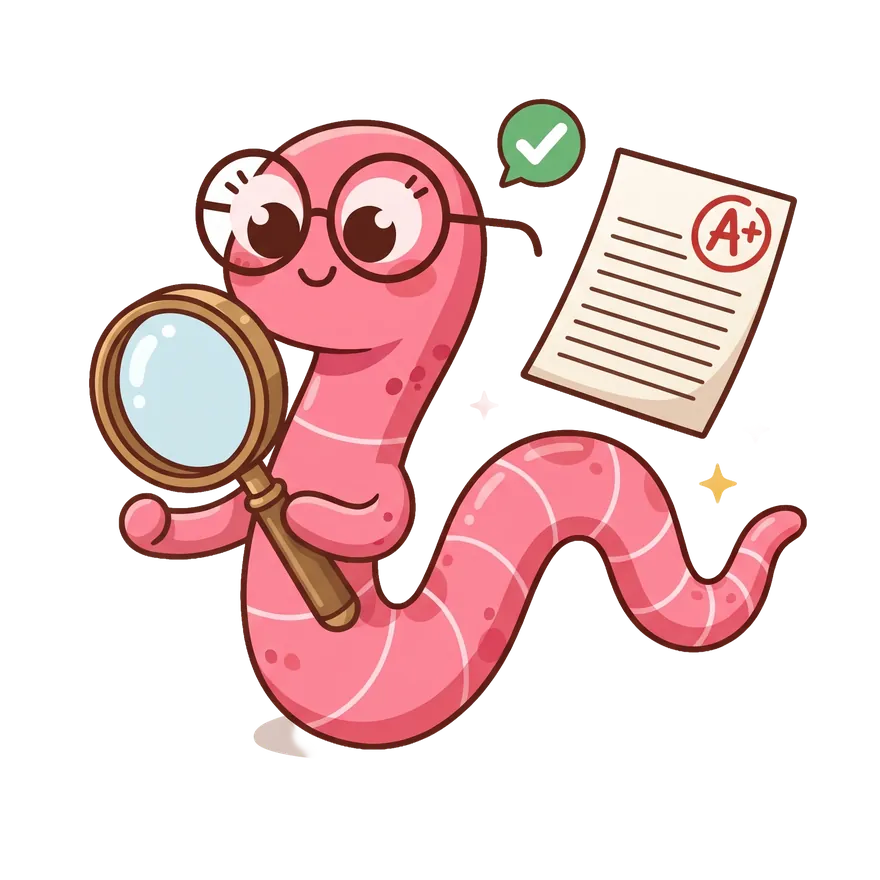 Study worm mascot checking a graded essay with a magnifying glass