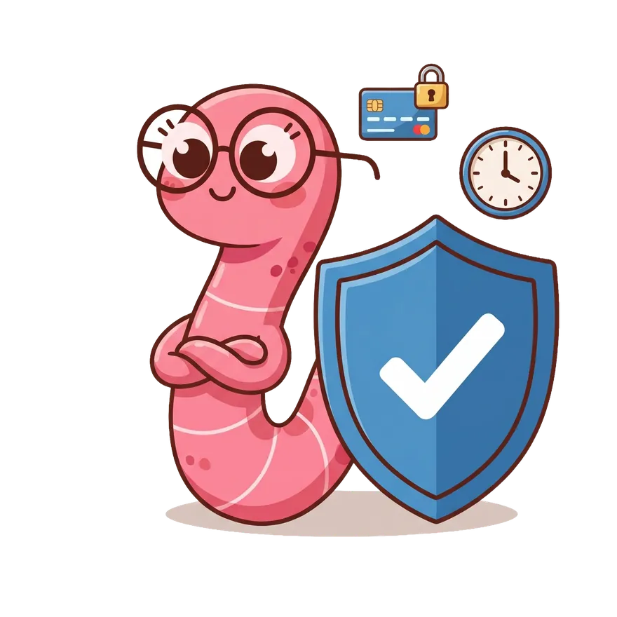 Study worm mascot beside a shield with a check mark, a secure card and a clock